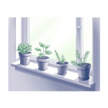 A kitchen window ledge that is bright and airy. The ledge is adorned with small pots, each containing various budding herbs. The pots are made of terracotta and vary in size, showcasing healthy green shoots of basil, oregano, and rosemary. Sunlight filters through the window, casting gentle shadows on the pots. The background features a simple kitchen wall adorned with a few kitchen utensils, enhancing the homely atmosphere.