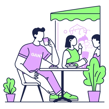 A young man is sitting at a small table outside a sidewalk café. He is wearing a casual outfit consisting of a Gant logo shirt and comfortable jeans. In his hand, he holds a cup of coffee, bringing it to his lips as he takes a sip. The café has a green-and-purple awning, and there are a few potted plants around his table. A plate with a pastry is placed on the table beside him, and there are other patrons visible in the background, chatting and enjoying their drinks.