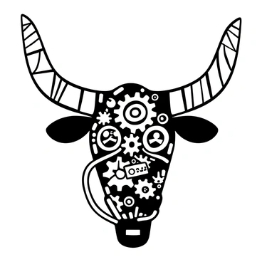 A bull head constructed from intricate mechanical parts and gears. The head features large, curved horns made of interlocking metal plates. Various gears of different sizes are visible throughout the structure, interspersed with tubes and bolts. The eyes of the bull head are represented as circular glass lenses, and the jaw is slightly open, revealing a series of smaller gears inside. The entire composition showcases a blend of sharp edges and smooth surfaces, emphasizing the mechanical nature of the piece.