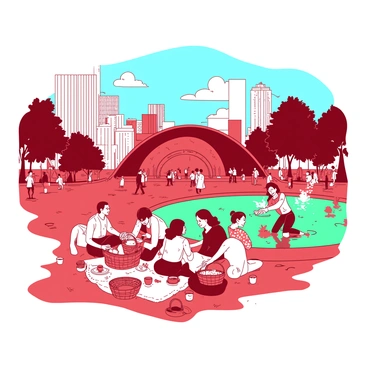 A red park scene in Chicago's Millennium Park filled with people enjoying their day. In the foreground, a group of diverse individuals sits on a grassy area, smiling and laughing while sharing food from a picnic basket. Nearby, a teal fountain features children splashing water joyfully while their parents watch from the side. On one side of the park, the iconic "Cloud Gate" sculpture, also known as "The Bean," reflects the skyline of the city and the activity around it. In the background, trees are lush and green, providing shade to visitors. A blue sky overhead is dotted with a few fluffy clouds.