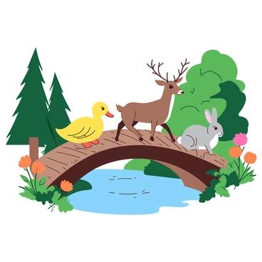 A yellow duck, a brown deer, and a gray rabbit are peacefully crossing a wooden bridge. The bridge is arching over a small blue stream that flows gently below. On one side of the bridge, there is a lush green forest with tall trees, while on the other side, there are vibrant flowers in shades of orange and pink. The animals appear calm and relaxed as they walk side by side, creating a sense of harmony in nature. Sunlight filters through the trees, casting soft shadows onto the bridge.