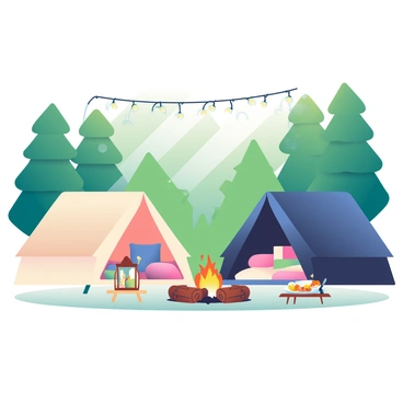 A luxurious camping setup is situated in a lush green forest. There are two elegant tents, one in soft beige and the other in deep navy blue, each with flaps open to reveal cozy interiors adorned with plush cushions and blankets. Delicate fairy lights are strung between the trees, casting a warm glow over the scene. In the center, a crackling campfire with glowing orange and yellow flames is surrounded by logs arranged as seating. Nearby, a small wooden table holds an assortment of gourmet snacks and beautifully crafted lanterns. The trees surrounding the area are tall and majestic, with dappled sunlight filtering through the leaves.