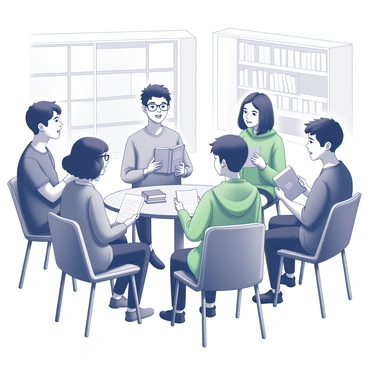 A group of six teenagers sitting in a circle at a library. Each teenager is holding a book, some are animatedly gesturing as they discuss their favorite stories. The library has bookshelves filled with various volumes, and there are large windows in the background allowing natural light to fill the space. One teenager has short black hair, another is wearing glasses, and a third has a distinctive green hoodie. They are all seated on comfortable chairs, with a table in the center that holds a few notebooks and a small stack of books.