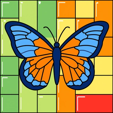 A large butterfly with vibrant blue and orange wings, showcasing intricate patterns. The butterfly is positioned prominently in the center of the image. Surrounding the butterfly is a tiled background made up of various colorful squares in shades of green, yellow, and red. Each tile has a glossy finish, reflecting light and adding depth. The edges of the butterfly's wings slightly overlap the tiles, creating a sense of harmony between the focal point and the background. The overall composition emphasizes the bold colors and designs of both the butterfly and the tiles.