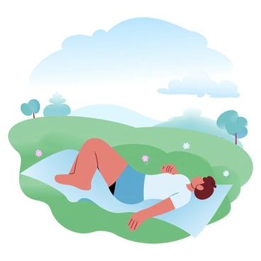 A person is lying on a blanket in an open meadow filled with lush green grass and colorful wildflowers. The individual has a relaxed posture, with their arms stretched out beside them. Above, the sky is a clear gradient of blue, creating a tranquil atmosphere. Soft, fluffy clouds drift lazily across the sky. In the background, there are gentle hills rolling softly, and a few trees are scattered throughout the meadow. The scene conveys a sense of peace and calm, emphasizing the vastness of the sky and the beauty of nature.