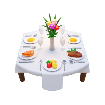 A fancy dining table set with a white tablecloth. The table is adorned with gourmet dishes including a beautifully plated seafood dish and an elegant meat entree. There are polished silver cutlery and sparkling crystal glassware placed at each setting. A floral centerpiece with vibrant flowers in a decorative vase is situated in the middle of the table. Soft candlelight illuminates the scene, creating an inviting atmosphere.