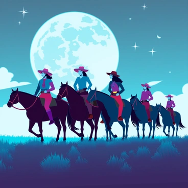A group of cowgirls riding on horseback, guiding a herd of cattle across a wide, open landscape. The cowgirls are dressed in traditional western attire, complete with cowboy hats, bandanas, and boots. The scene is illuminated by the soft glow of the full moon, casting long shadows across the grassy terrain. The silhouettes of the cattle can be seen against the night sky, while wisps of clouds drift by, partially obscuring the stars. The overall atmosphere is dynamic, capturing a moment of teamwork and the vastness of the prairie under moonlight.