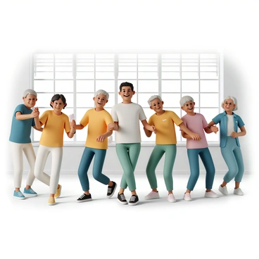 A lively dance class taking place in a bright, spacious room with large windows allowing natural light to pour in. Several seniors are actively participating, wearing comfortable clothing such as colorful shirts and flexible pants. Each participant has a big smile on their face, showcasing joy and enthusiasm as they move together in sync. Some are holding hands, while others are clapping to the rhythm of the music. A charismatic instructor stands at the front, encouraging the group with a warm expression. The atmosphere is filled with energy and camaraderie.
