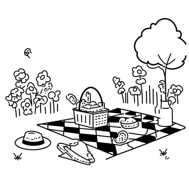 A vibrant garden filled with blooming flowers and green grass. In the center, a checkered blanket is spread out on the ground. A picnic basket sits atop the blanket, overflowing with an assortment of treats, including sandwiches, fruits, and pastries. Nearby, a wicker hat rests and a jug of lemonade stands ready to be poured. In the background, a couple of trees provide shade, and a few butterflies flutter around.
