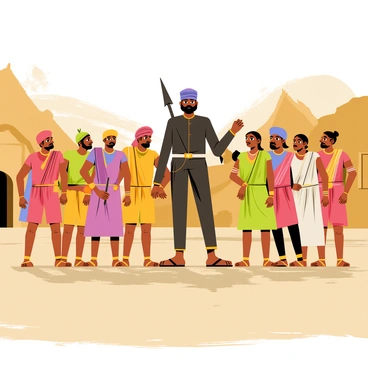A group of brave villagers standing together in a dusty village square. The villagers are dressed in traditional clothing, with men wearing dhotis and turbans and women in colorful sarees. They stand with determined expressions, facing a tall, imposing figure of Gabbar Singh in the foreground. Gabbar Singh has a fierce glare, wearing a dark outfit, and holding a weapon. The background shows rustic huts and scattered dust, creating an atmosphere of tension. The sun casts shadows, highlighting the expressions of the villagers as they unite in defiance.
