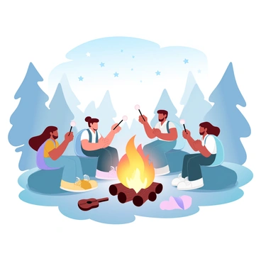 A group of friends is gathered around a warm campfire, with glowing flames casting light on their surroundings. Each friend is sitting on a log or camping chair, holding sticks with marshmallows over the fire. A few camping gear items, such as backpacks and a guitar, are scattered around them. Behind them, a clear night sky filled with twinkling stars is visible, creating a serene atmosphere. The silhouettes of trees frame the scene, enhancing the cozy feel of the campfire gathering.