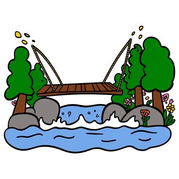 A rustic wooden swinging bridge made of weathered planks and ropes stretches across a rushing river filled with sparkling blue water. The bridge sways gently, suspended above a rocky riverbank lined with lush green trees and vibrant wildflowers. The river below has white frothy waves, creating a dynamic contrast with the sturdy yet delicate appearance of the bridge. Sunlight filters through the leaves, casting dappled shadows on the bridge, enhancing its charming, natural setting.
