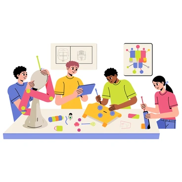 A group of four students in an after-school club is focused on building 3D robots. One student is carefully attaching a bright red robotic arm to a gray robot base, while another student is programming a small tablet next to him. The third student is assembling colorful blocks and gears into a yellow robot torso, and the fourth student is holding a blue screwdriver, ready to assist. The table is cluttered with various robot parts, tools, and sketches of robot designs. A poster on the wall displays a colorful diagram of a robot and the club's name in bold letters.