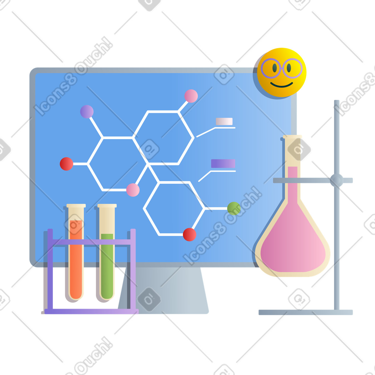 Science laboratory with flask, test tubes and computer illustration in Silky style download in PNG, SVG