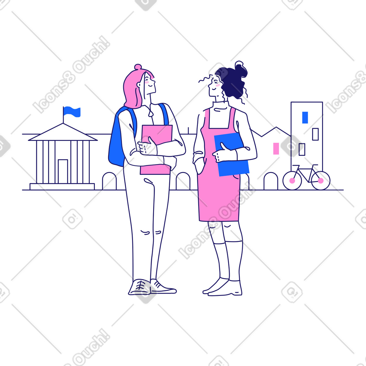 Due studentesse nel campus universitario illustrazione in stile Matey scarica in PNG, SVG