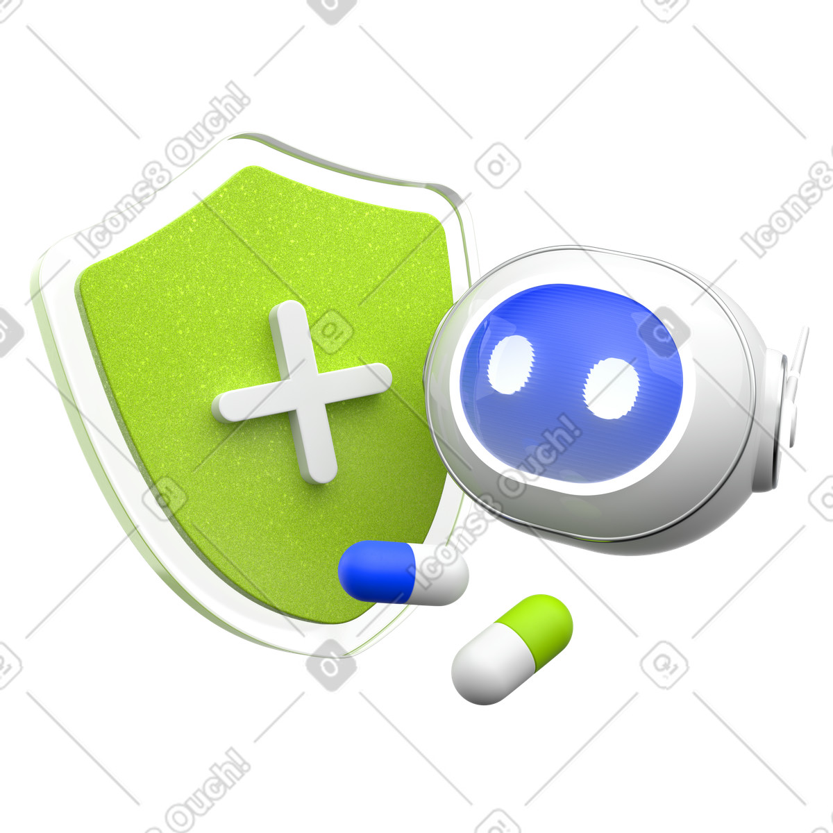 Health insurance assistant, Green shield with chatbot, Online healthcare support illustration in 3D Enterprise style download in PNG, SVG