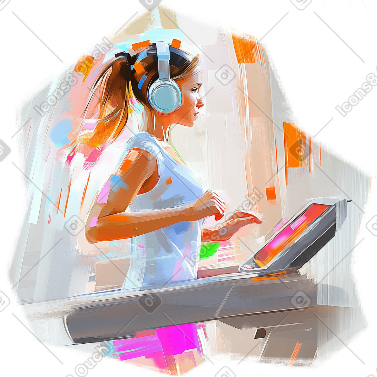 Oil painting of woman running on treadmill illustration in Pictorial style download in PNG, SVG