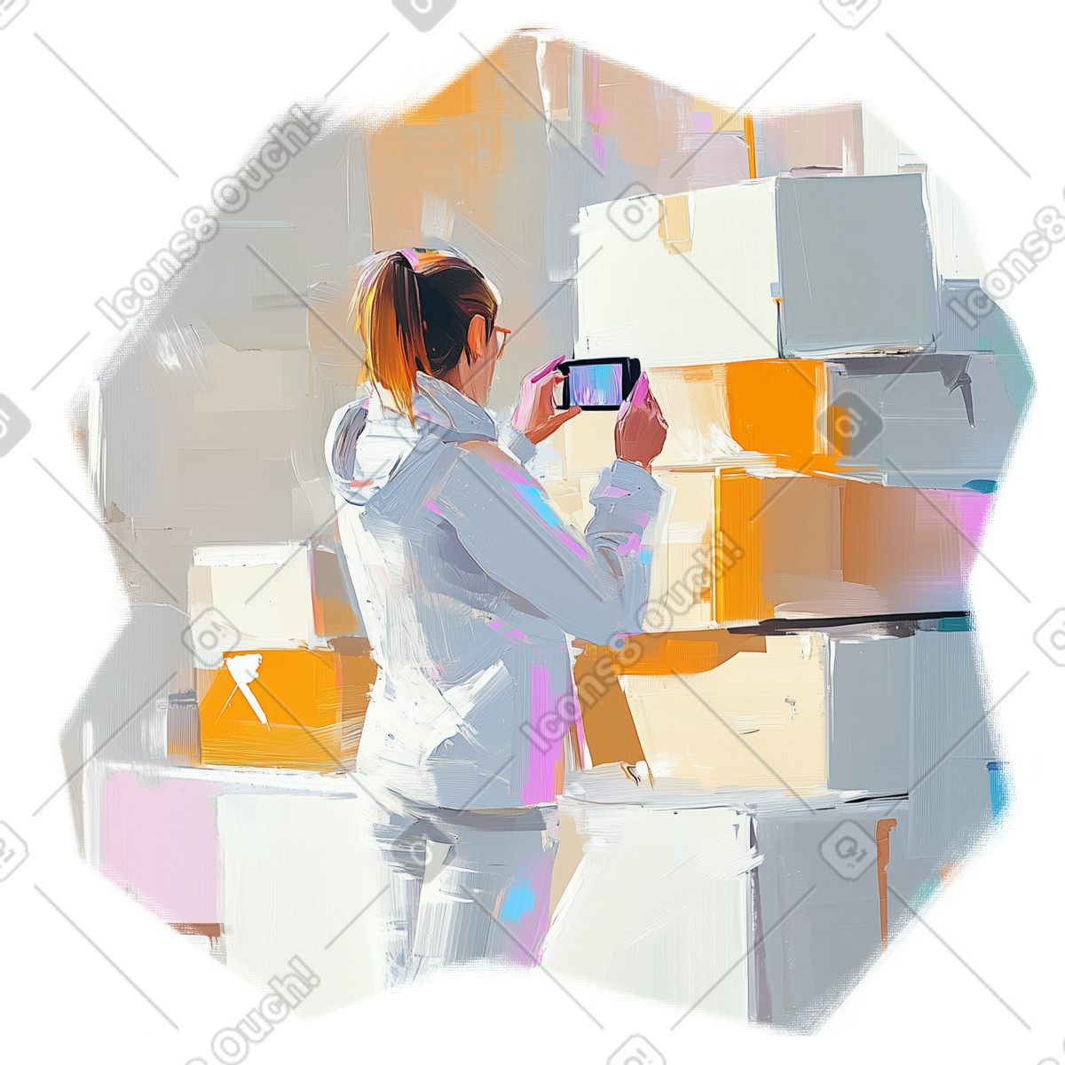 Oil painting of warehouse worker scanning barcodes on boxes illustration in Pictorial style download in PNG, SVG