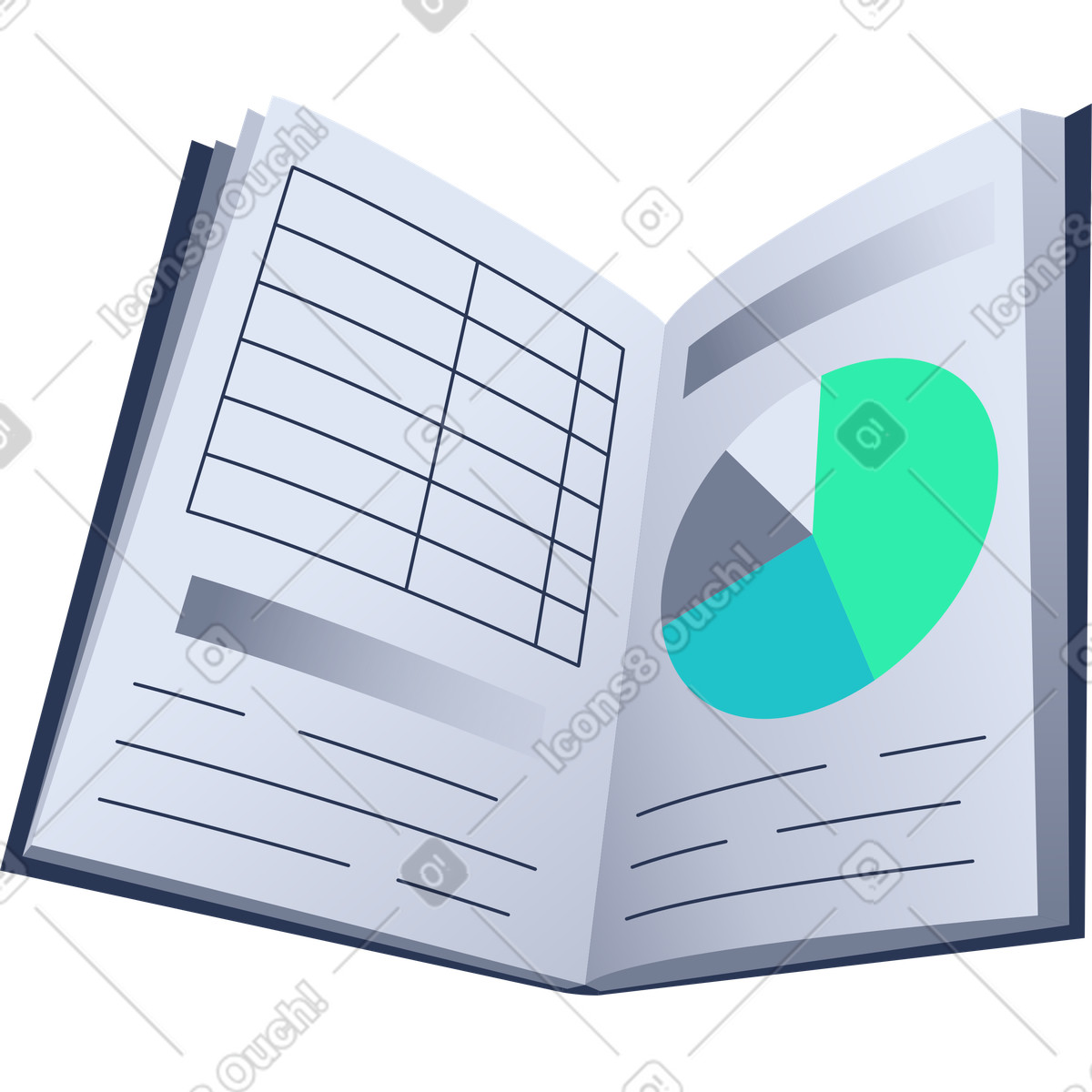 Book with a table and pie chart illustration in Lucent style download in PNG, SVG