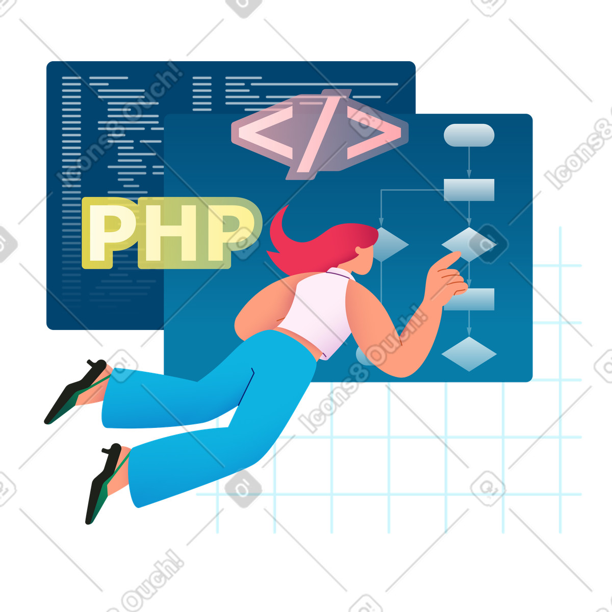 Ilustração de Mulher flutuando no ar, trabalhando com fluxograma e escrevendo código em estilo Colors para baixar em PNG, SVG