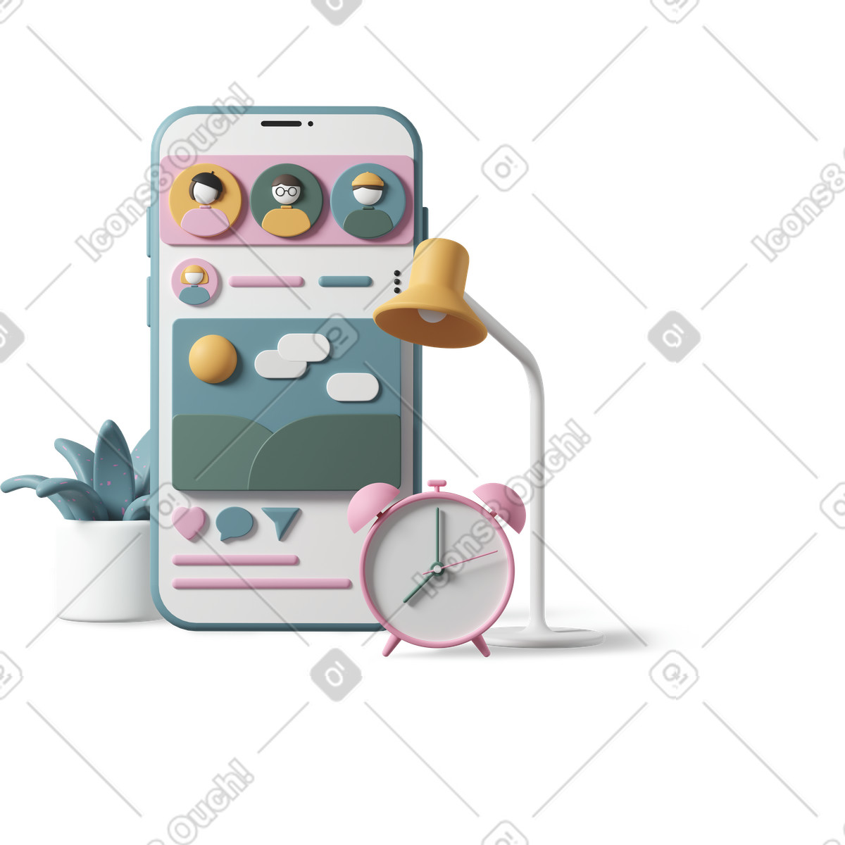 Ilustração de Smartphone, lamp, plant and clock em no estilo 3D Casual life para baixar em PNG, SVG