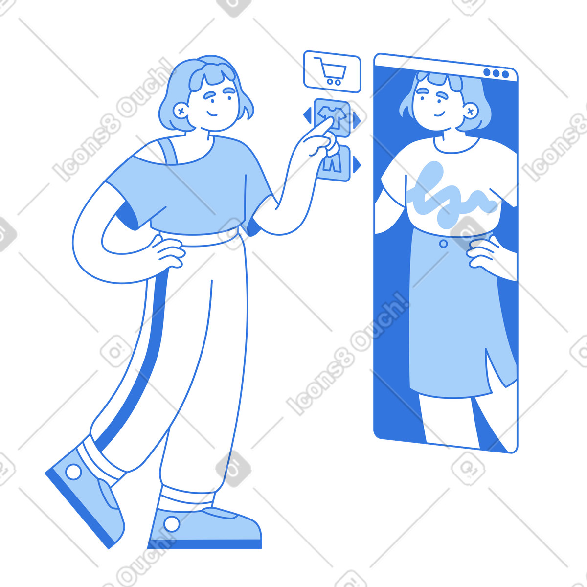 Selecting clothes via smart mirror, Virtual fashion fitting for e-commerce illustration in Sky style download in PNG, SVG