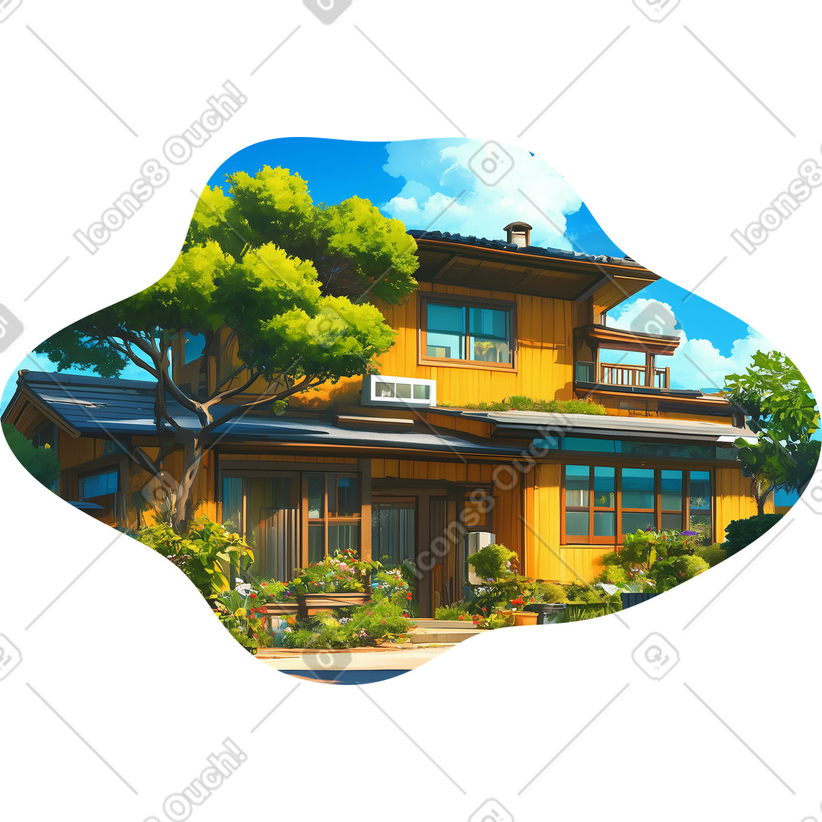 Yellow house in summer background illustration Scenes style download PNG, SVG