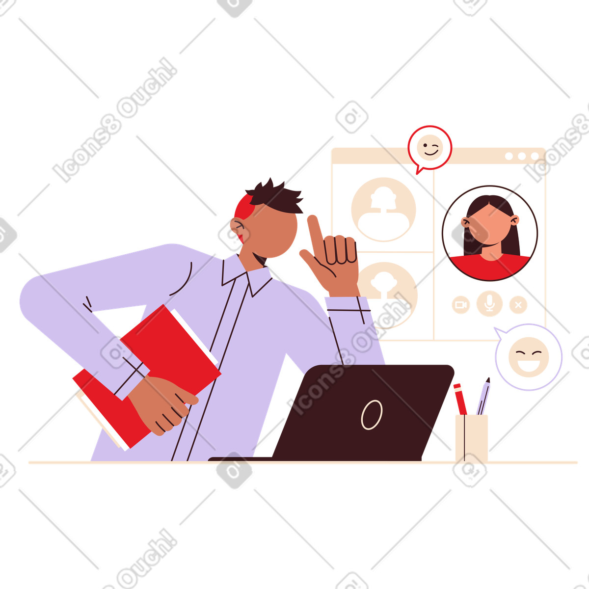 Folks スタイルの オンライン会議で話す男性 のイラストをPNG、SVG形式でダウンロード