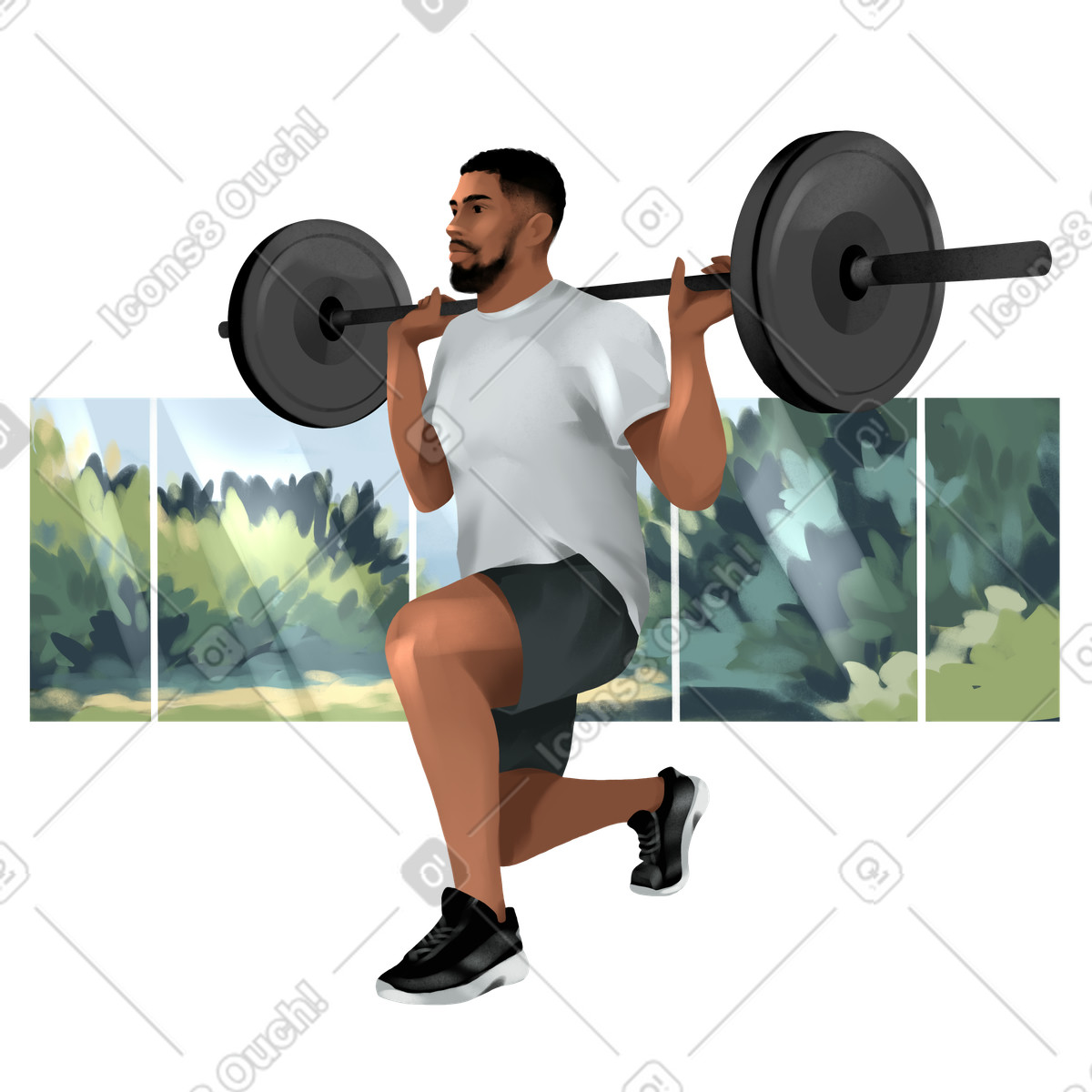 Man with barbell squatting on one leg illustration vector clipart graphics behind a window
