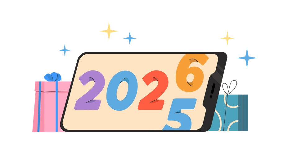 A smartphone displaying the year 2026 with gifts - Dizzy style illustration