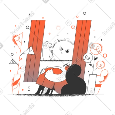 Woman sitting at home and looking at virus floating outside PNG, SVG