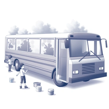 A child stands beside a large bus, actively engaged in painting a mural on its side. The child is holding a paintbrush in one hand, with various paint containers scattered around on the ground nearby. The bus has a blank surface ready for the mural, and the child's expression shows focus and enthusiasm as they apply paint to the surface. The surrounding area is filled with onlookers, some observing and others assisting in the project. The background includes trees and community members, emphasizing the collaborative spirit of the event.