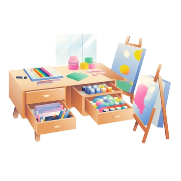 A wooden desk with several open drawers is filled with various art supplies. The first drawer contains a set of colored pencils arranged in a neat order, with some lying on top of a notepad. The second drawer is brimming with tubes of paint in a spectrum of colors, and some paintbrushes are tucked beside them. The third drawer has stacks of sketch paper, some slightly wrinkled, and a few charcoal sticks scattered on top. Next to the desk, there is a small easel holding a canvas covered in a partially finished painting. Natural light streams in from a nearby window, illuminating the vibrant colors of the supplies.