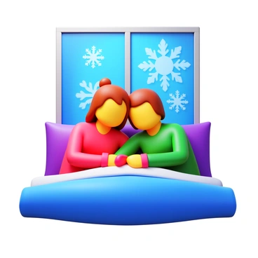 A couple wearing warm, cozy pajamas is cuddling closely together. The pajamas are colorful and patterned, enhancing the sense of warmth. Outside, a frost-covered window glimmers with intricate ice patterns, indicating a chilly environment. The couple is nestled on a soft, plush blanket, surrounded by pillows. The scene conveys a feeling of intimacy and comfort amidst the cold outside.