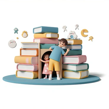 A whimsical book fort made of colorful children's books stacked creatively. The fort is nestled in the library's kids section, surrounded by plush carpet and bright wall decals of cartoon animals. Inside the fort, a couple of children are peeking out, one wearing a blue t-shirt and yellow shorts, while the other is dressed in a red dress with white polka dots. Soft, warm lighting filters through the gaps of the books, casting playful shadows. The scene captures the joy and imagination of the children as they engage in their reading adventure.