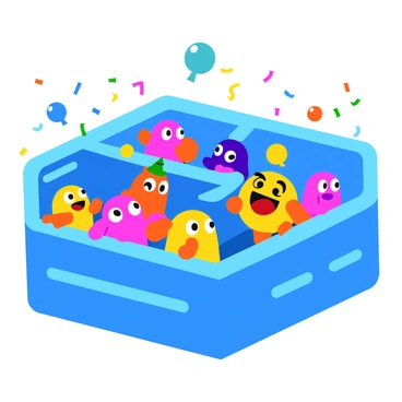 A group of colorful ghosts in various hues of blue, pink, yellow, and orange are having a lively party in a maze. The ghosts are depicted with playful expressions, some holding tiny balloons, while others are dancing. Pac-Man, a round yellow character, is sneaking around a corner of the maze, his wide mouth open as he looks around cautiously. The maze walls are bright blue with simple geometric patterns, creating a fun atmosphere. Brightly colored confetti is falling from the air, adding to the festive mood of the scene.