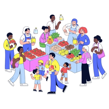 A bustling outdoor market filled with various vendors offering fresh produce. Stalls display bright, colorful fruits and vegetables, such as red apples, yellow bananas, and leafy greens. People are shopping, some carrying tote bags filled with groceries. There are families with children, individuals examining the items, and vendors interacting with customers. The scene is lively, with a mix of conversation and activity taking place among the market-goers.