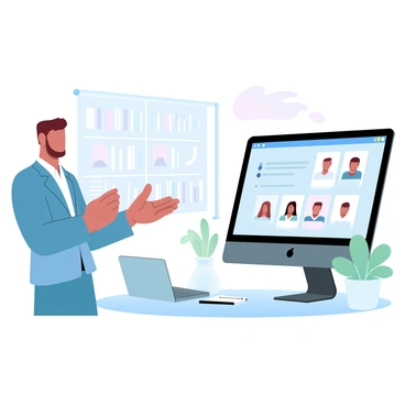 An entrepreneur is standing in front of a computer, engaging in a business pitch during a professional Zoom meeting. The entrepreneur is wearing a blazer and is gesturing towards a presentation displayed on the screen. A laptop sits on a well-organized desk, with a notepad and pen next to it. In the background, there are bookshelves filled with books and a small plant adding a touch of greenery to the room. The screen shows a clear slide with graphs and statistics related to the business proposal. Several participant icons are visible in a grid layout on the screen.