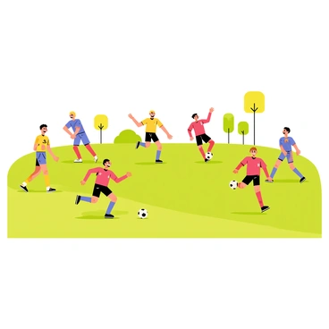 A grassy field is filled with excited friends playing a friendly soccer match. There are five players on each team, wearing colorful jerseys in shades of red, blue, and green. One player is dribbling the ball skillfully while another is preparing to kick it, showing focused expressions. Laughter and cheers can be seen on their faces as they enjoy the game. Bright sunlight casts cheerful shadows on the field, and a few trees stand in the background, completing the lively scene.