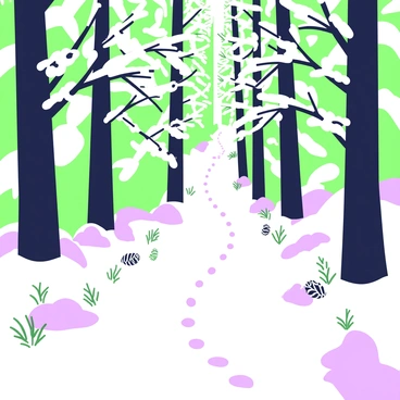 A forest path is winding through dense trees, with tall trunks and branches reaching upwards. The ground is blanketed in fresh, untouched snow, creating a smooth and even surface that reflects light. On either side of the path, snow-laden branches arch gracefully, heavy with white powder. Occasional footprints can be seen along the edges, suggesting the passage of wildlife. A few pine cones are scattered on the ground, and the atmosphere is quiet, with only the sound of crunching snow underfoot. The scene conveys a sense of peacefulness and isolation within the winter landscape.