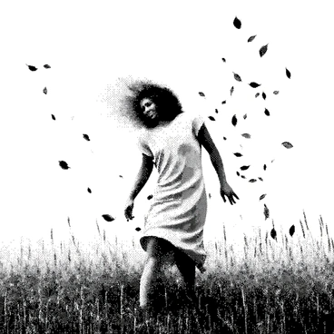 A spirit of the wind is depicted as a flowing, translucent figure, gracefully swirling through an open field. The figure is surrounded by a flurry of leaves, which appear to be dancing in the air around it. The field is expansive, with tall grasses bending slightly as if influenced by the movement of the wind. The scene captures the dynamic motion of the spirit and the leaves, emphasizing their interaction with the environment.