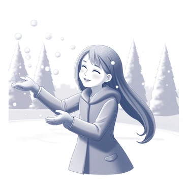 A girl with long hair is playing in the snow. She is wearing a warm coat and mittens, smiling as she catches snowflakes on her outstretched hands. The snow is falling softly around her, creating a gentle blanket on the ground. Her hair appears to be lightly dusted with snowflakes, contrasting with the white winter scene. In the background, snow-covered trees stand tall, adding to the winter atmosphere.