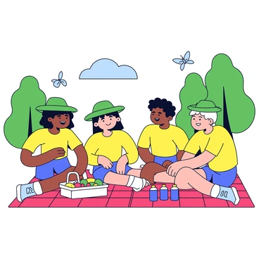 A group of four friends sitting on a red checkered picnic blanket. They are wearing matching colorful outfits, including bright yellow shirts, blue shorts, and vibrant green hats. The friends are smiling and laughing, with a picnic basket filled with sandwiches and fruits beside them. A couple of juice boxes are placed on the blanket. In the background, there are green trees and a clear blue sky. Some butterflies are flying nearby.