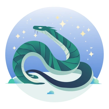 Jormungandr, the colossal serpent, is coiled majestically against a backdrop of a clear night sky. Its scales shimmer in hues of deep green and blue, reflecting the soft light of twinkling stars above. The stars are bright and scattered across the sky, creating a contrasting twinkle against the darkened expanse. The serpent's massive form stretches across the landscape, its body undulating gracefully, as if it is part of the very night itself. The subtle glow from the stars casts a gentle light on the surrounding environment, emphasizing the presence of Jormungandr in the serene night.