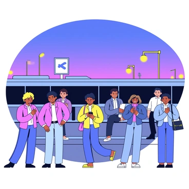 A diverse group of city commuters is standing on a sidewalk at dusk. The scene includes individuals of various ethnic backgrounds, dressed in casual work attire. Some are looking at their phones, while others are engaged in conversation. They are positioned near an electric bus stop marked by a simple sign. The sky above is transitioning to darker shades of blue and purple, indicating the onset of evening. Soft yellow light emanates from nearby street lamps, illuminating the surroundings. The electric bus is approaching, its silhouette visible in the fading light.