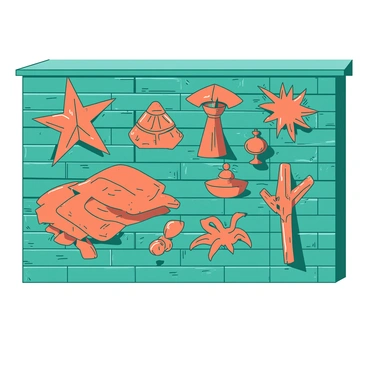 A teal brick wall is covered with a vibrant street art piece. The artwork includes various cultural symbols, intricately painted in contrasting shades of orange. Each symbol is bold and distinct, showcasing different traditions and heritage. The vibrant colors create a striking visual contrast against the textured surface of the brick wall, highlighting the details in the artwork.