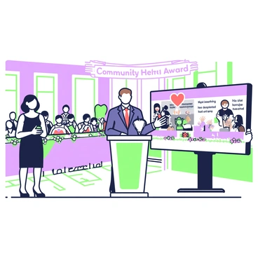 A spacious hall filled with guests seated at tables decorated with flowers. At the front of the room, a podium is adorned with a banner that reads "Community Hero Award." A spotlight shines on a middle-aged man with short brown hair, standing proudly next to the podium. He is wearing a navy suit and a red tie, holding a glass trophy shaped like a heart. To his left, a woman is presenting the award, dressed in a formal black dress, smiling as she speaks into a microphone. On the right side, a large screen displays images of the man engaged in various community activities, including blood donation drives. In the background, attendees are clapping and taking photos, creating an atmosphere of celebration and appreciation.