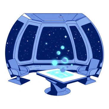 An interior view of a space station features large, curved windows that reveal a breathtaking view of twinkling stars in the dark expanse of space. The walls of the space station are designed with sleek metallic panels and illuminated control consoles. A few futuristic chairs are positioned near the windows, inviting observers to sit and gaze at the celestial landscape. In the foreground, a small table displays a floating holographic display of nearby planets. The overall atmosphere is one of advanced technology and elegance.