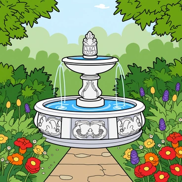 An elaborate fountain made of marble, featuring intricate carvings of mythical creatures around its base. Water cascades gracefully from the top tier of the fountain into the lower basin, creating a shimmering effect. Surrounding the fountain is a vibrant garden filled with lush green plants, including ferns and small shrubs. Colorful flowers in shades of red, yellow, and purple bloom abundantly, adding a bright contrast to the greenery. A stone pathway leads up to the fountain, lined with more flowers and small decorative pebbles. The scene is bright and inviting, with hints of sunlight filtering through the leaves.