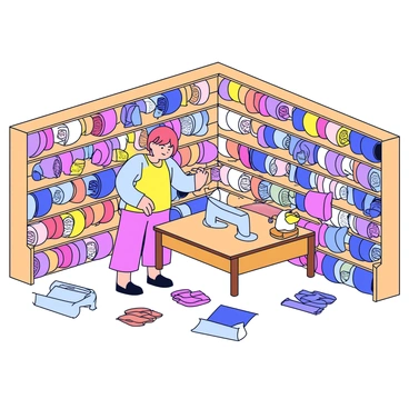 A cozy fabric shop with warm lighting and wooden shelves. The shop is filled with rolls of vibrant fabrics in various colors and patterns, neatly arranged. A designer is standing near the shelves, carefully picking samples of fabric. The designer has short hair and is wearing a stylish outfit, focused on their selection. Scattered around are small swatches of fabric and a sewing machine placed on a wooden table in the corner.